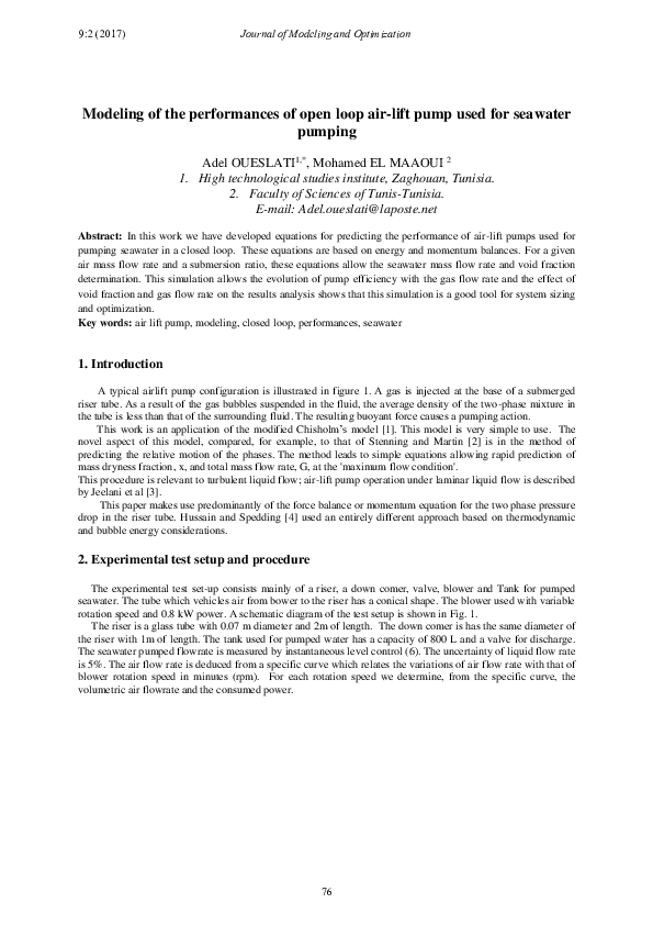 (PDF) Modeling of the performances of open loop air-lift pump used for ...