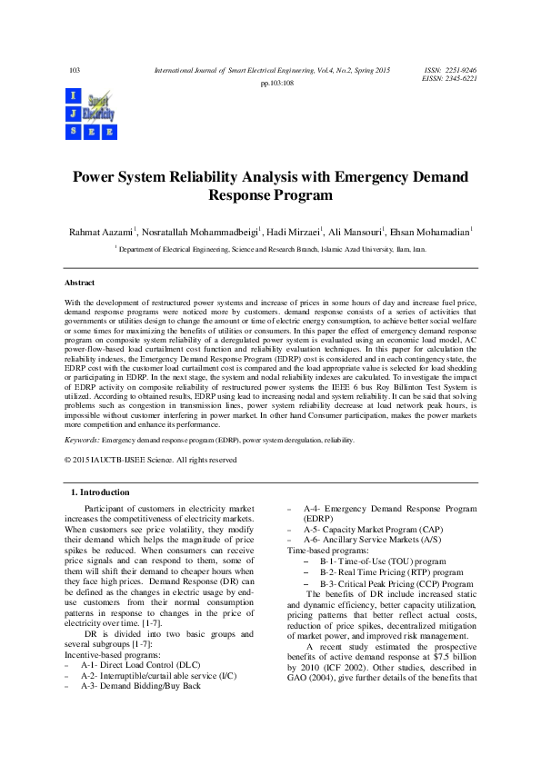 (PDF) Power System Reliability Analysis with Emergency Demand Response ...