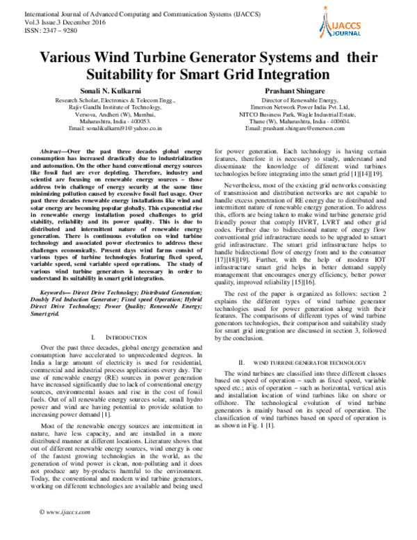 (PDF) Various Wind Turbine Generator Systems and their Suitability for ...