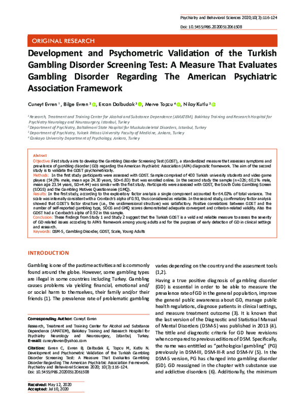 (PDF) Development and psychometric validation of the Turkish Gambling ...