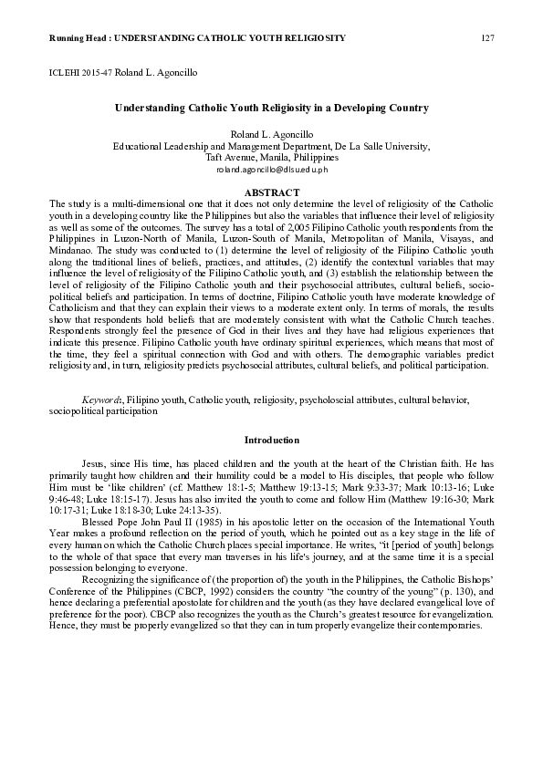 (PDF) Understanding Catholic Youth Religiosity in a Developing Country
