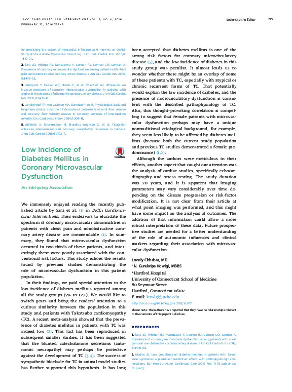 (PDF) Low Incidence of Diabetes Mellitus in Coronary Microvascular ...