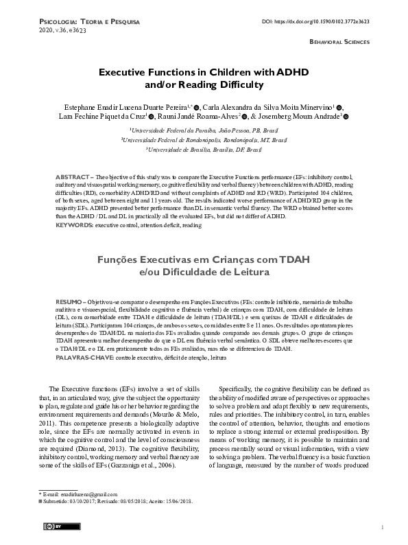 (PDF) Executive Functions in Children with ADHD and/or Reading Difficulty