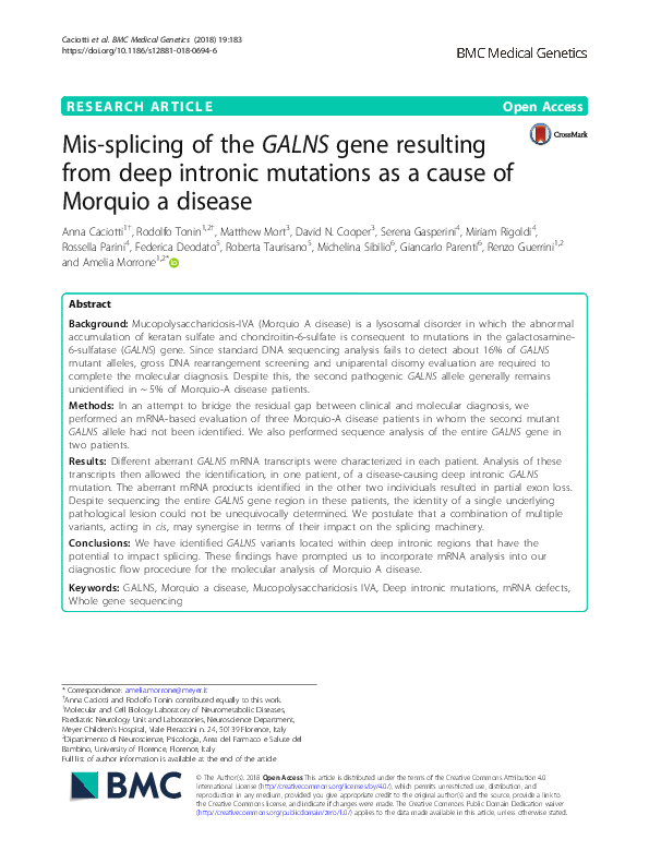 (PDF) Mis-splicing of the GALNS gene resulting from deep intronic ...