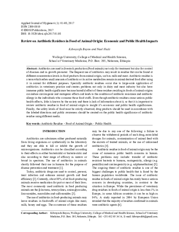 (PDF) Review on Antibiotic Residues in Food of Animal Origin : Economic ...