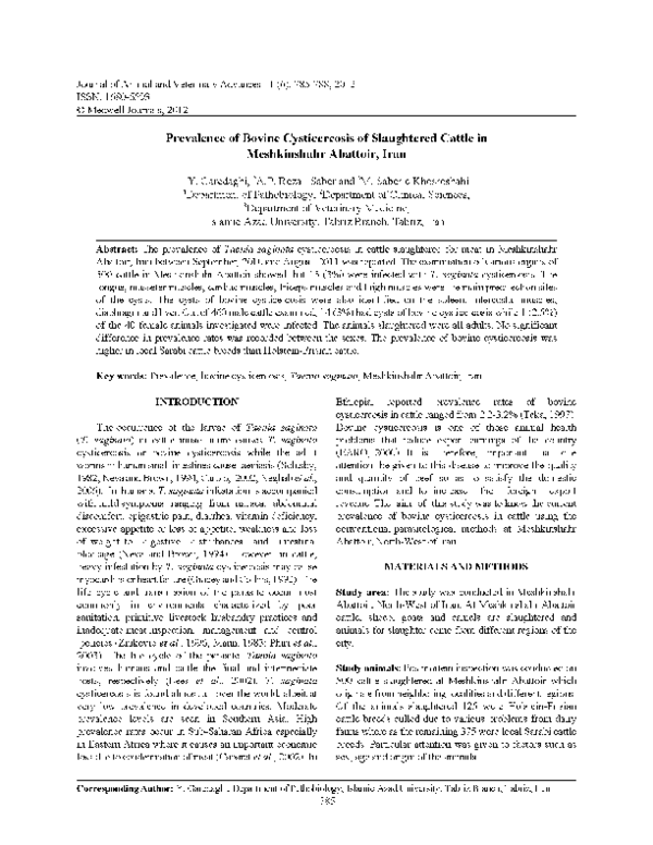 (PDF) Prevalence of Bovine Cysticercosis of Slaughtered Cattle in Dale ...