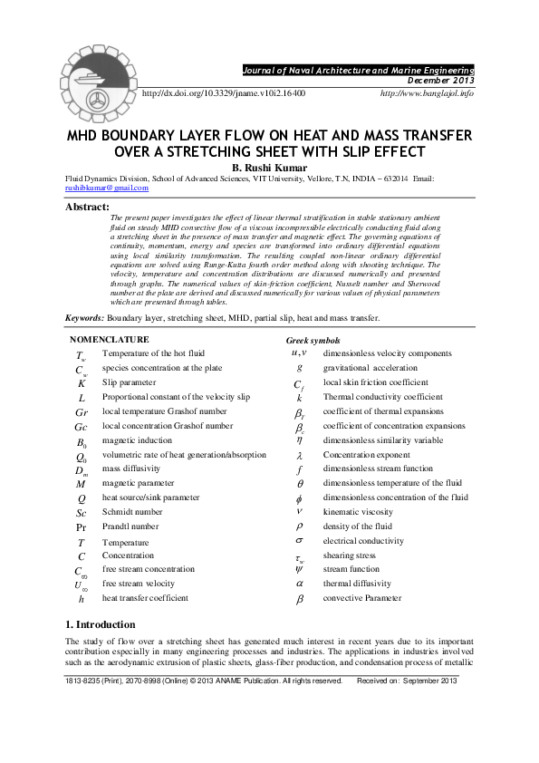 (PDF) MHD boundary layer flow on heat and mass transfer over a ...