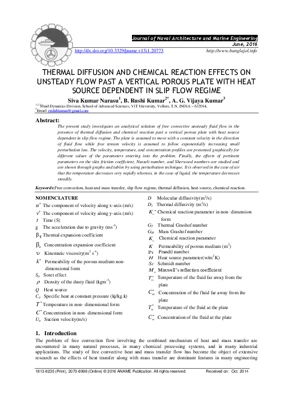 (PDF) Thermal diffusion and chemical reaction effects on unsteady flow ...