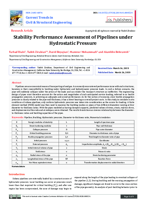 (PDF) Stability Performance Assessment of Pipelines under Hydrostatic ...