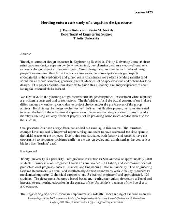 (PDF) Session 2425 Herding cats: a case study of a capstone design course