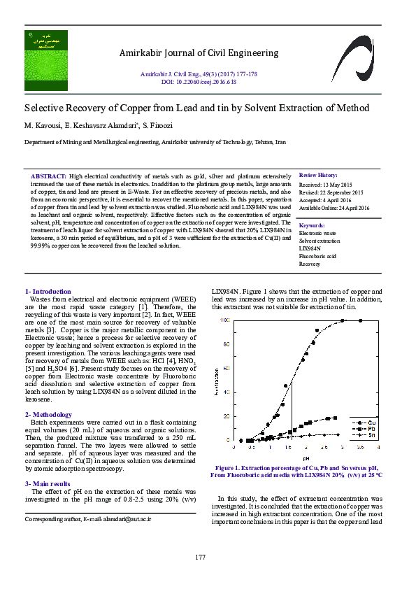 (PDF) Selective Recovery of Copper from Lead and tin by Solvent ...