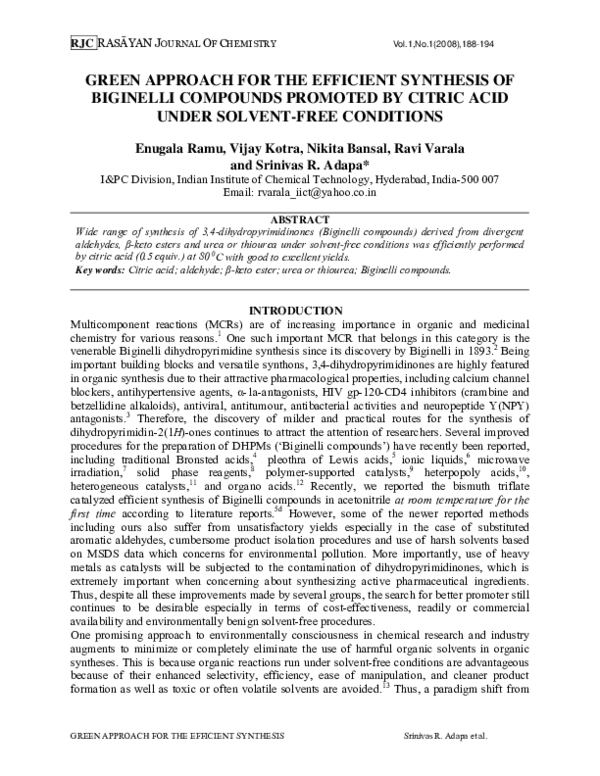 (PDF) Green Approach for the Efficient Synthesis of Biginelli Compounds ...