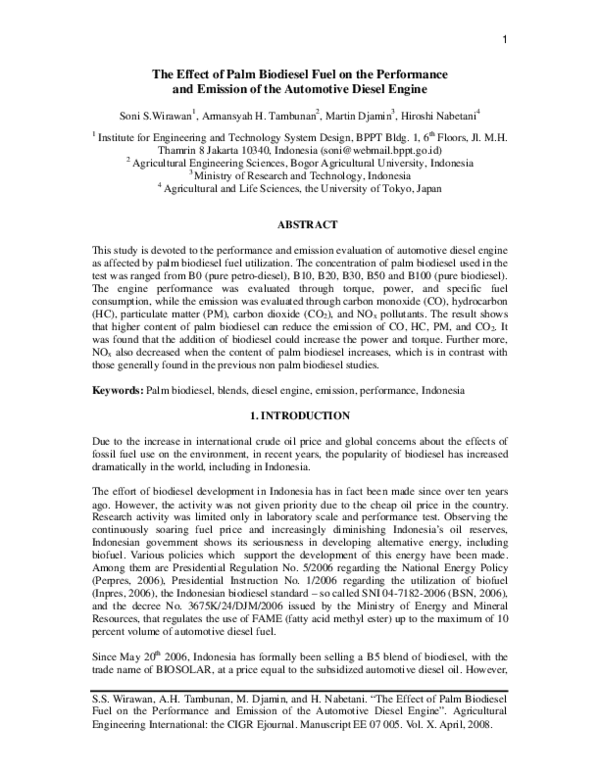 (PDF) The Effect of Palm Biodiesel Fuel on the Performance and Emission ...