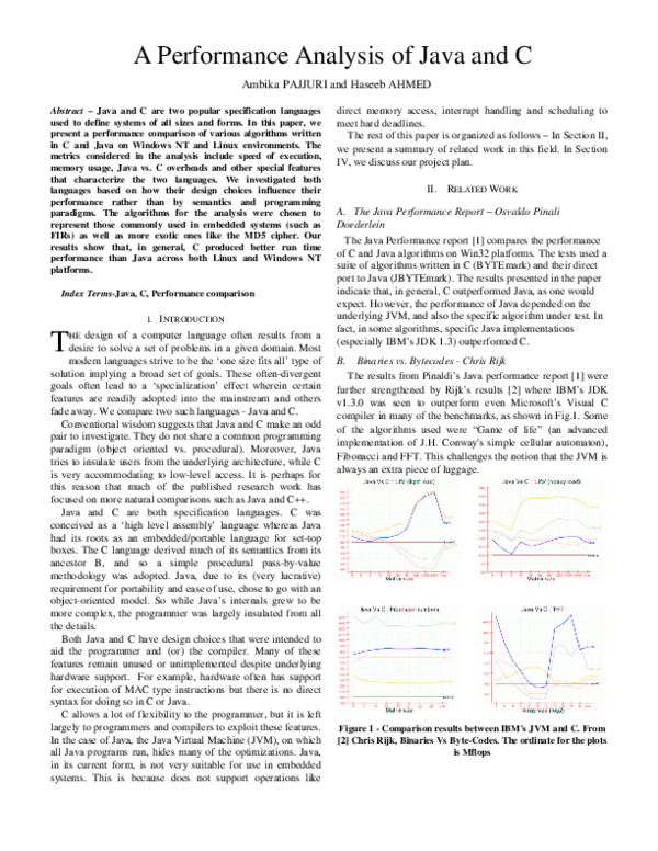 (PDF) A performance analysis of java and c