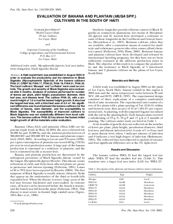 (PDF) Evaluation of banana and plantain (musa spp.) Cultivars in the ...