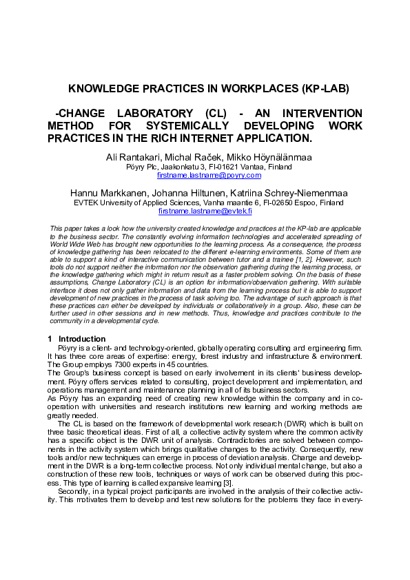 (PDF) Knowledge Practices in Workplaces (KPLab) Change Laboratory (CL