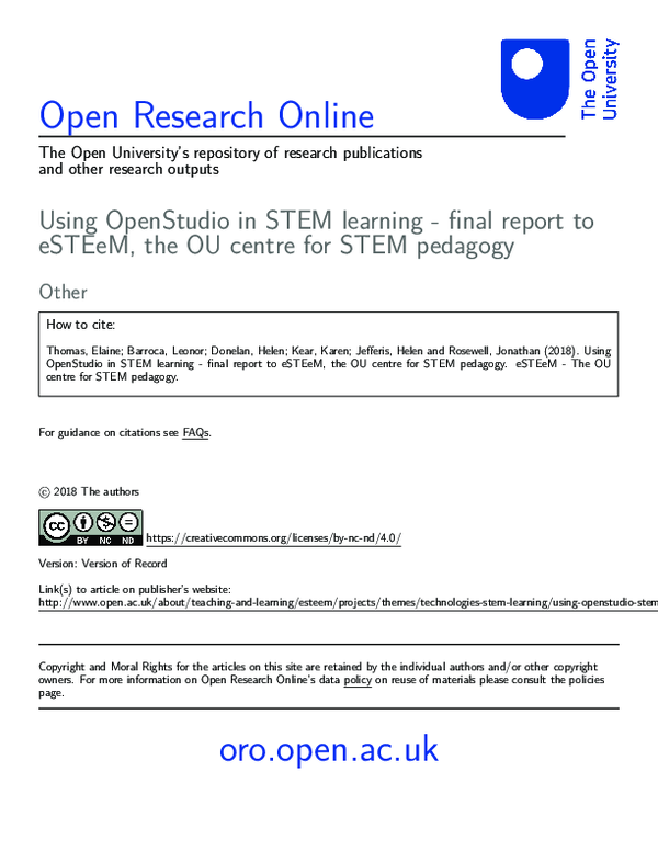 (PDF) Using OpenStudio in STEM learning - final report to eSTEeM, the ...
