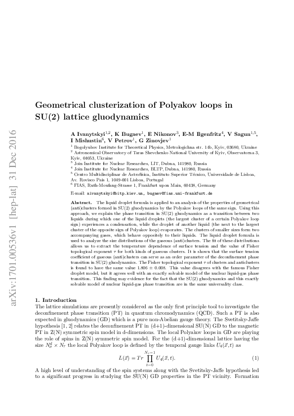 (PDF) Geometrical clusterization of Polyakjov loops in SU(2) lattice ...