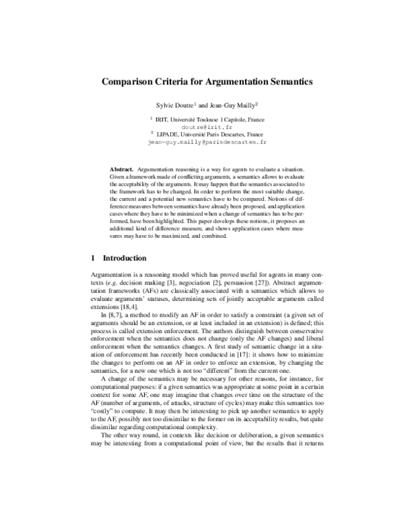 (PDF) Comparison Criteria for Argumentation Semantics