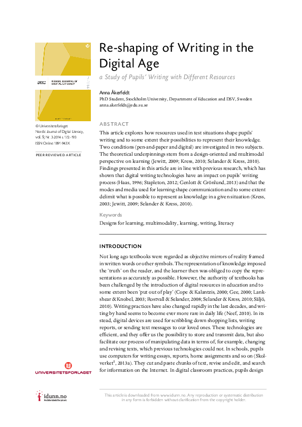 (PDF) Re-shaping of writing in the digital age : a study of pupils ...