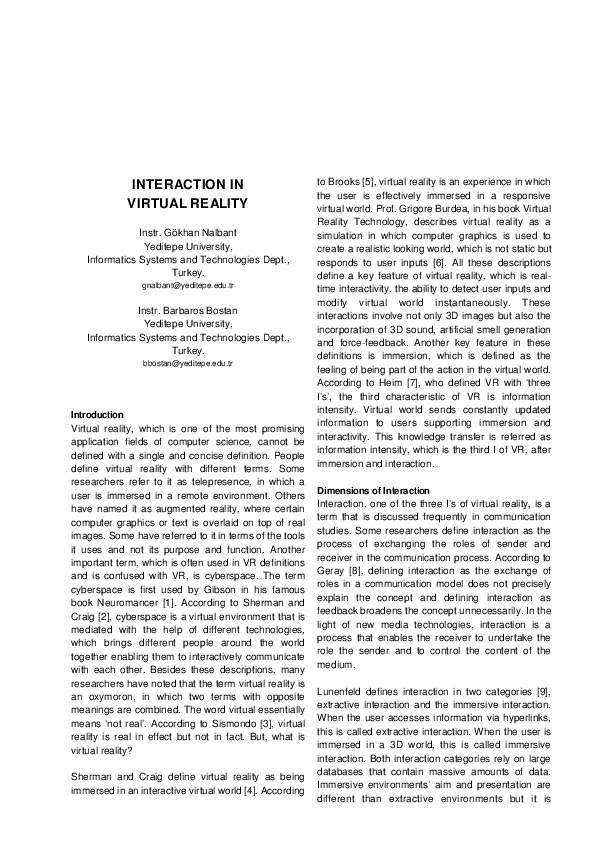 (PDF) Interaction In Virtual Reality