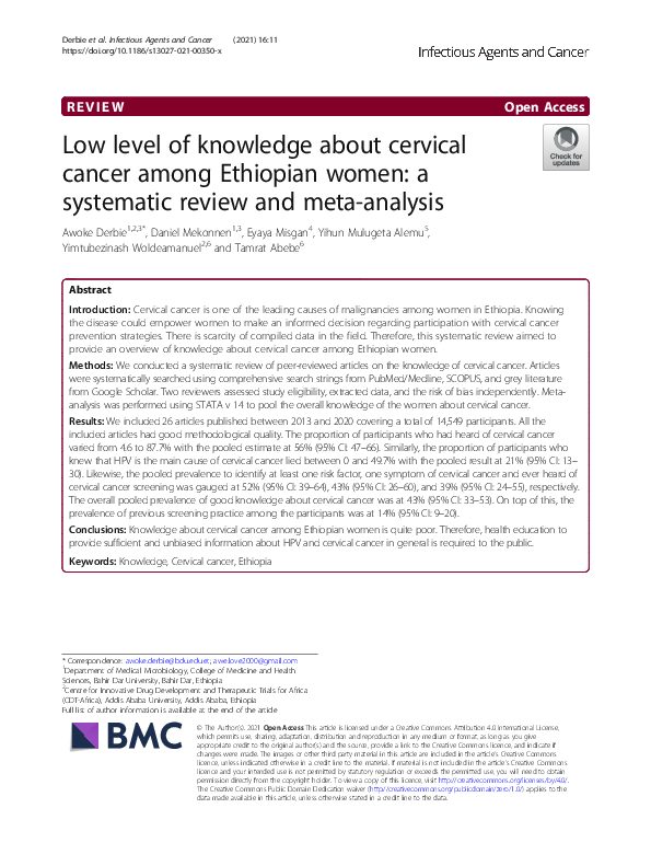 (PDF) Low level of knowledge about cervical cancer among Ethiopian ...