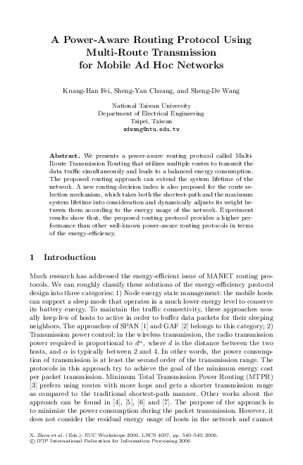 (PDF) A Power-Aware Routing Protocol Using Multi-Route Transmission for ...