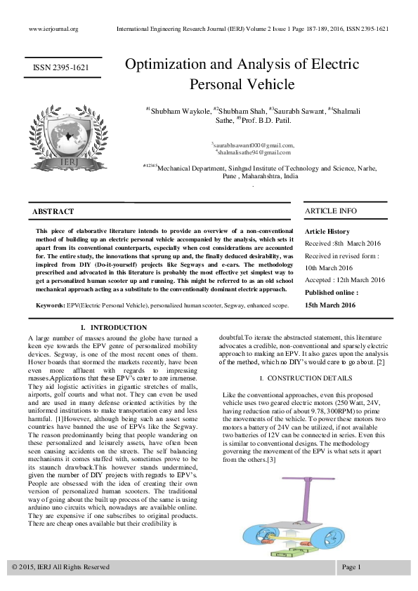 (PDF) 2395-1621 Optimization and Analysis of Electric Personal Vehicle