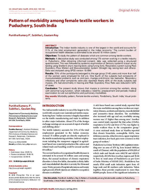 (PDF) Pattern of morbidity among female textile workers in Puducherry ...