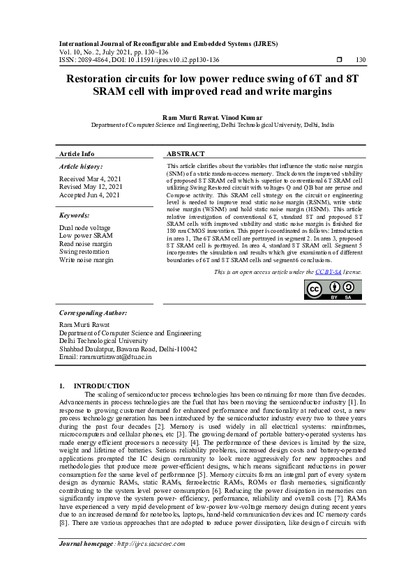 (PDF) Restoration circuits for low power reduce swing of 6T and 8T SRAM ...