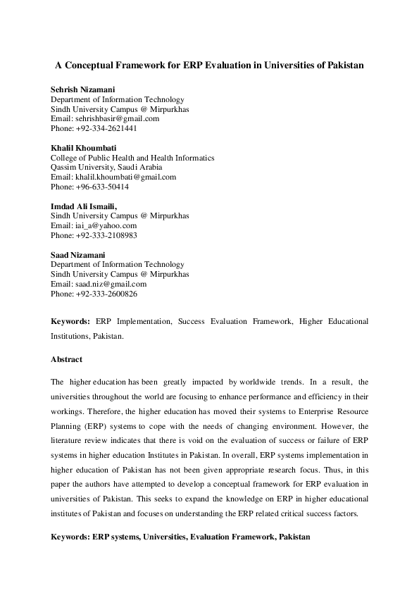 (PDF) A Conceptual Framework for ERP Evaluation in Universities of Pakistan