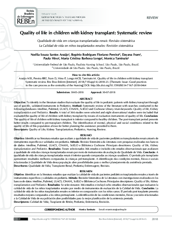 (PDF) Quality of life in children with kidney transplant: Systematic review