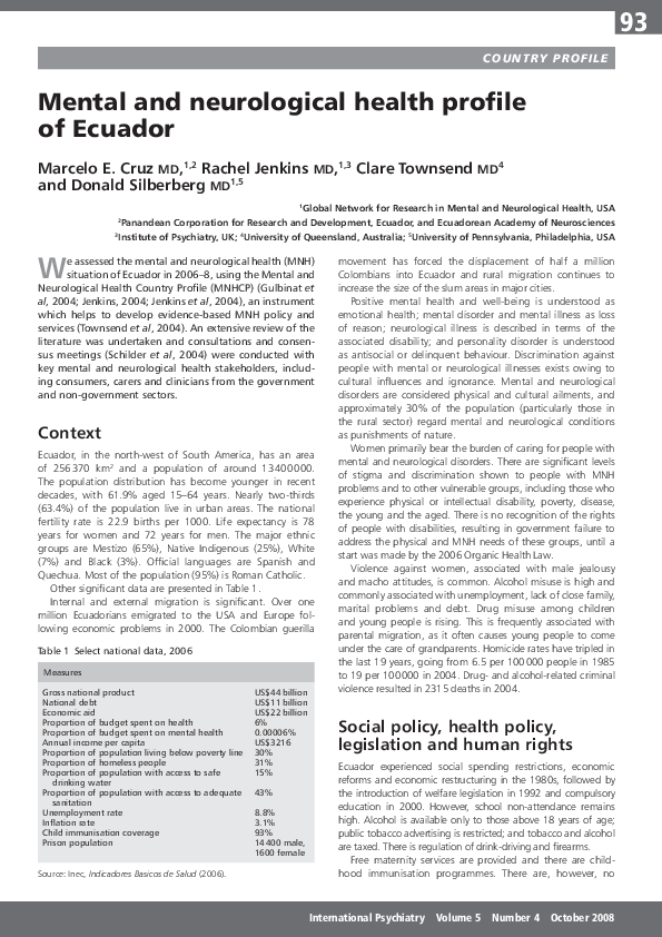 (PDF) Mental and neurological health profile of Ecuador | Donald