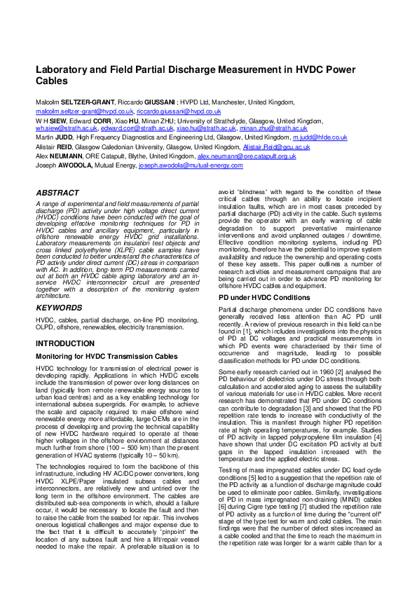 (PDF) Laboratory and field partial discharge measurement in HVDC power ...