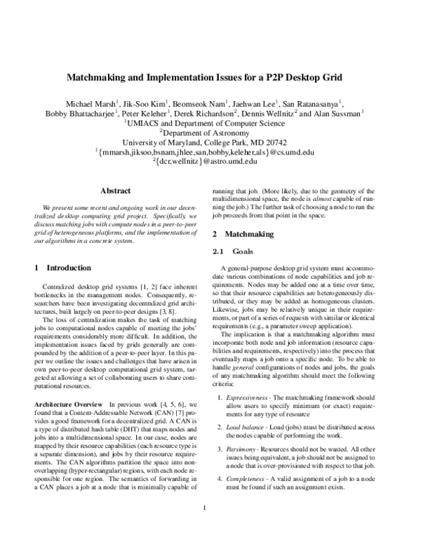 (PDF) Matchmaking and Implementation Issues for a P2P Desktop Grid
