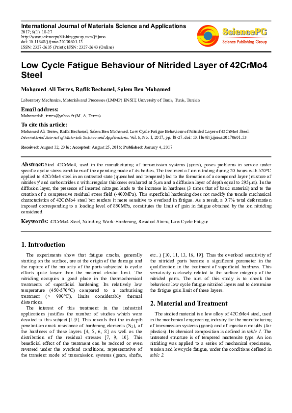 (PDF) Low Cycle Fatigue Behaviour of Nitrided Layer of 42CrMo4 Steel
