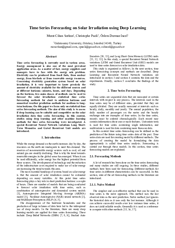 (PDF) Time series forecasting on solar irradiation using deep learning