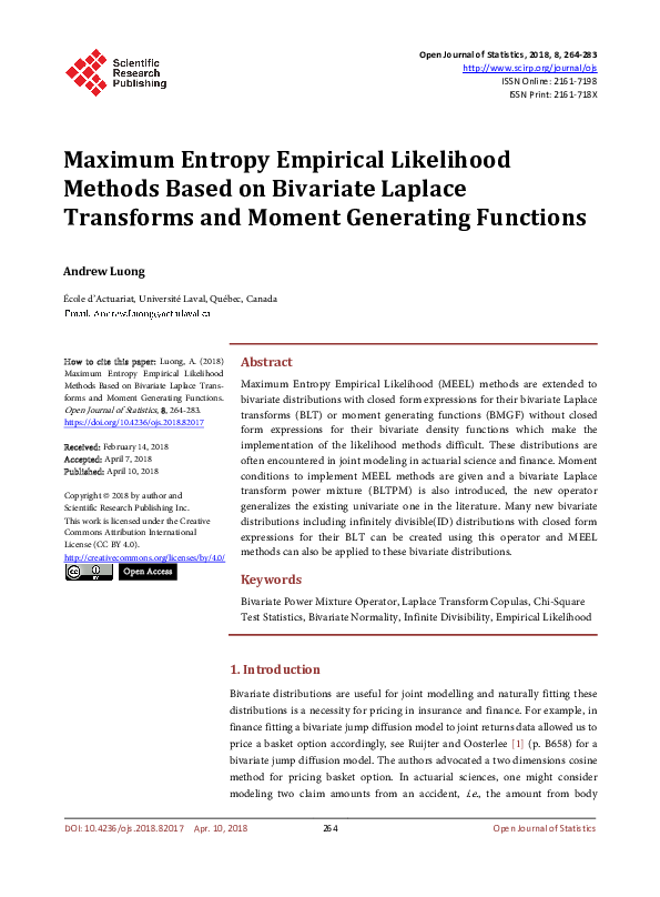 (PDF) Maximum Entropy Empirical Likelihood Methods Based on Bivariate ...