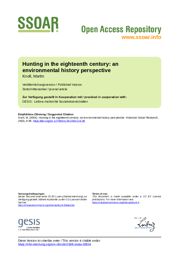 Hunting in the Eighteenth Century. An Environmental History Perspective