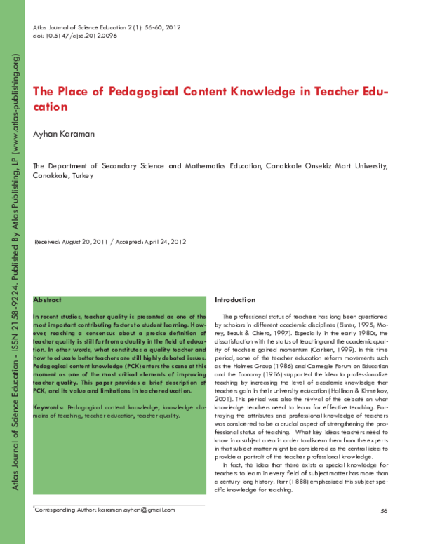 (PDF) The Place of Pedagogical Content Knowledge in Teacher Education