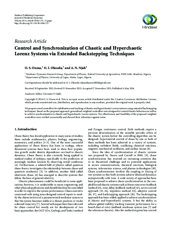 (PDF) Control and Synchronization of Chaotic and Hyperchaotic Lorenz ...