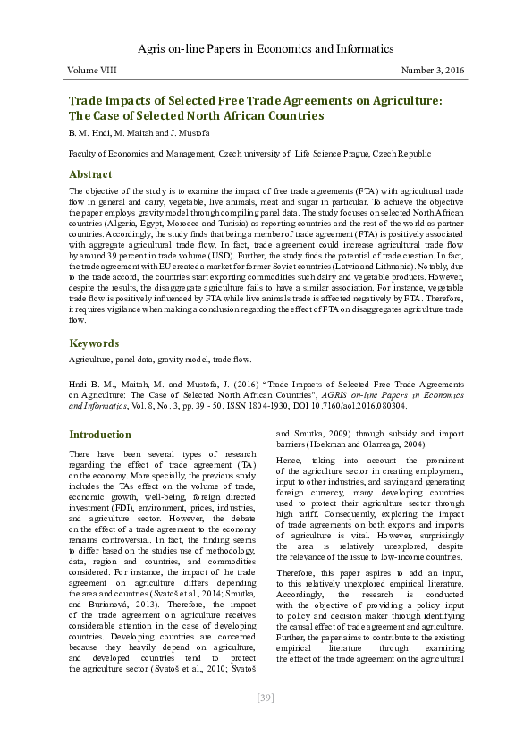 (PDF) Trade Impacts of Selected Free Trade Agreements on Agriculture ...