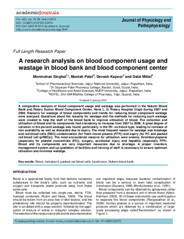 (PDF) A research analysis on blood component usage and wastage in blood bank and blood component