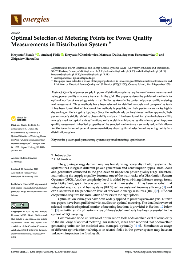 (PDF) Optimal selection of metering points for power quality ...