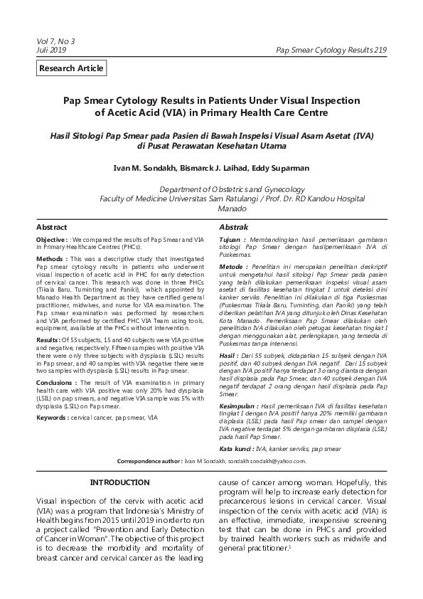 (PDF) Pap Smear Cytology Results in Patients Under Visual Inspection of