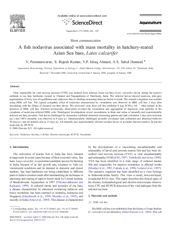 (PDF) A fish nodavirus associated with mass mortality in hatchery