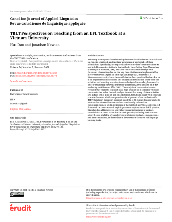 (PDF) TBLT Perspectives on Teaching from an EFL Textbook at a Vietnam ...