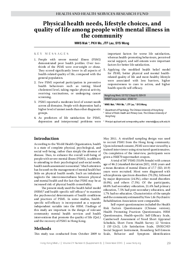 (PDF) Physical health needs, lifestyle choices, and quality of life ...