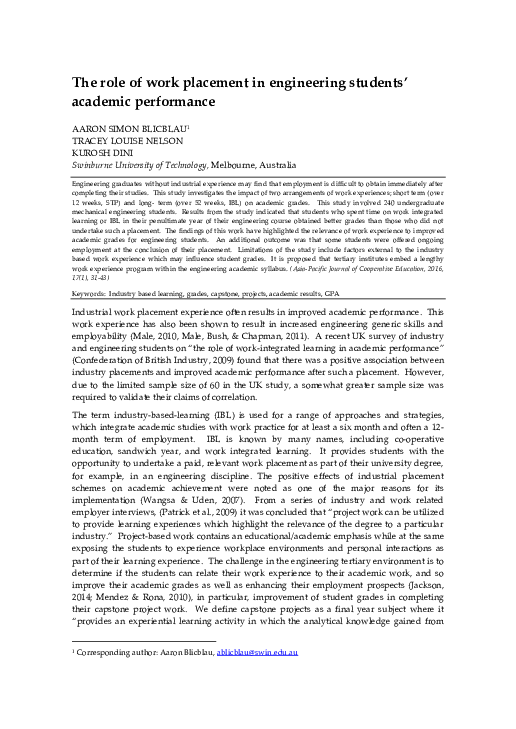 (PDF) The role of work placement in engineering students' academic ...