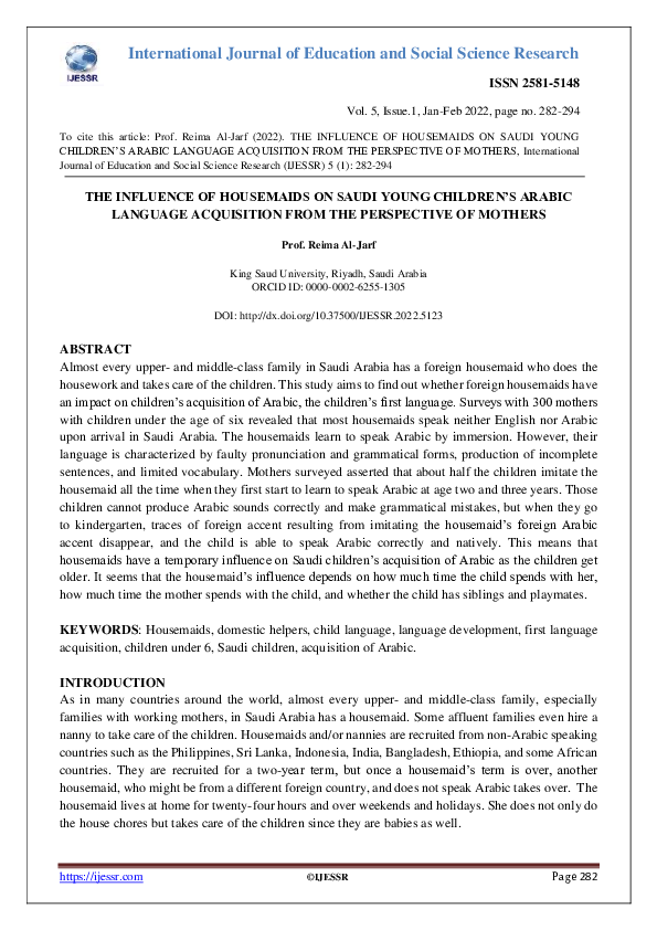 (PDF) THE INFLUENCE OF HOUSEMAIDS ON SAUDI YOUNG CHILDREN’S ARABIC ...